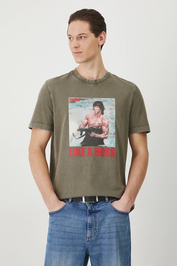 T-shirt bawełniany męski Rambo kolor zielony okrągły zielony RS25-TSM677