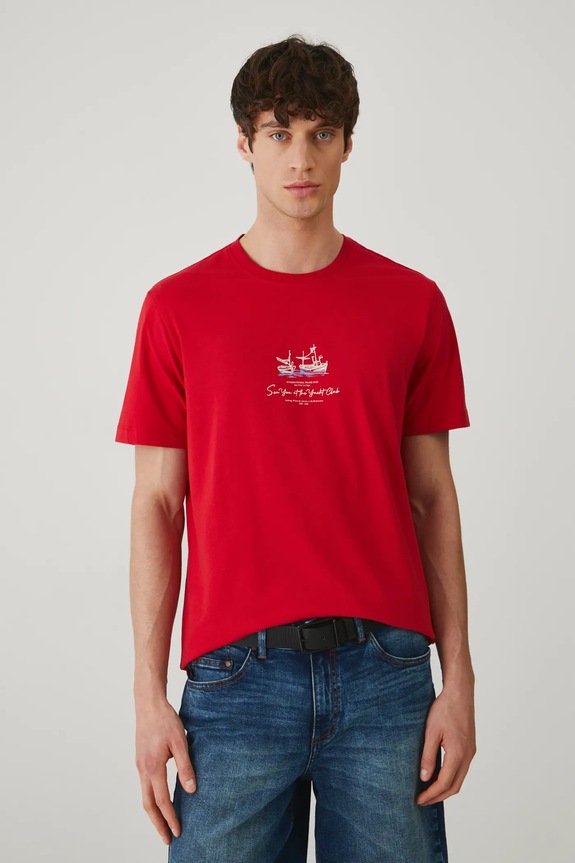 T-shirt bawełniany męski z elastanem z nadrukiem kolor czerwony okrągły czerwony RS25-TSM702