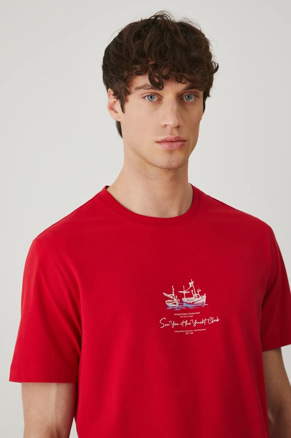 T-shirt bawełniany męski z elastanem z nadrukiem kolor czerwony czerwony RS25-TSM702