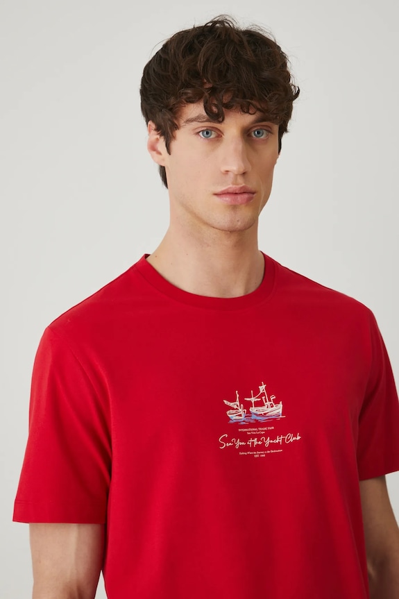 T-shirt bawełniany męski z elastanem z nadrukiem kolor czerwony czerwony RS25-TSM702