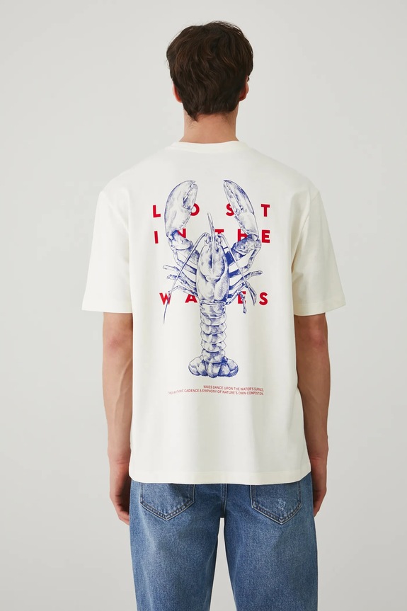 T-shirt męski z nadrukiem kolor beżowy okrągły beżowy RS25-TSM713