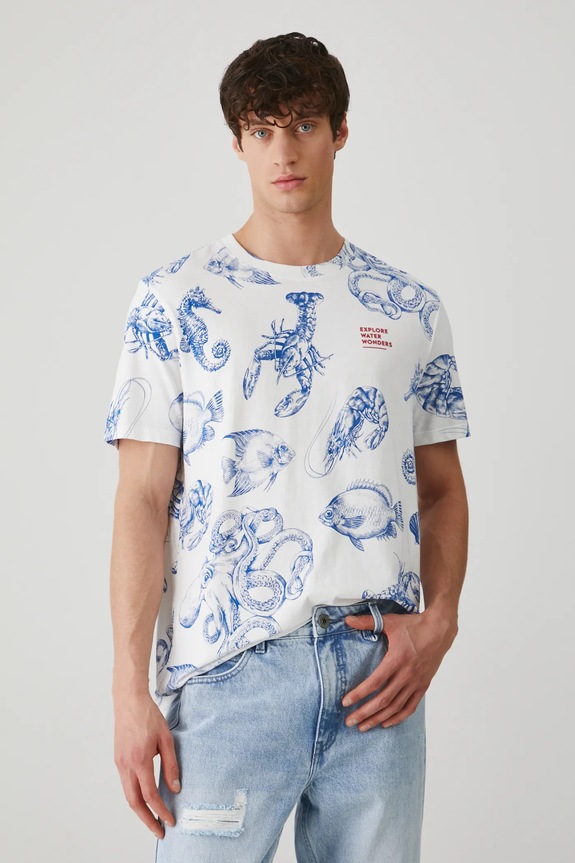 T-shirt bawełniany męski wzorzysty kolor biały biały RS25.TSM714