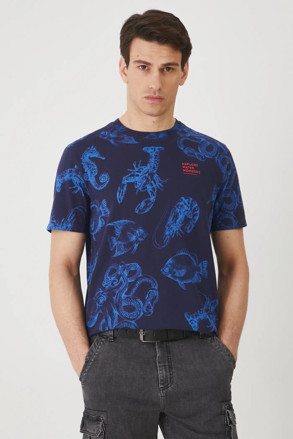 T-shirt bawełniany męski wzorzysty kolor granatowy bawełna granatowy RS25.TSM714