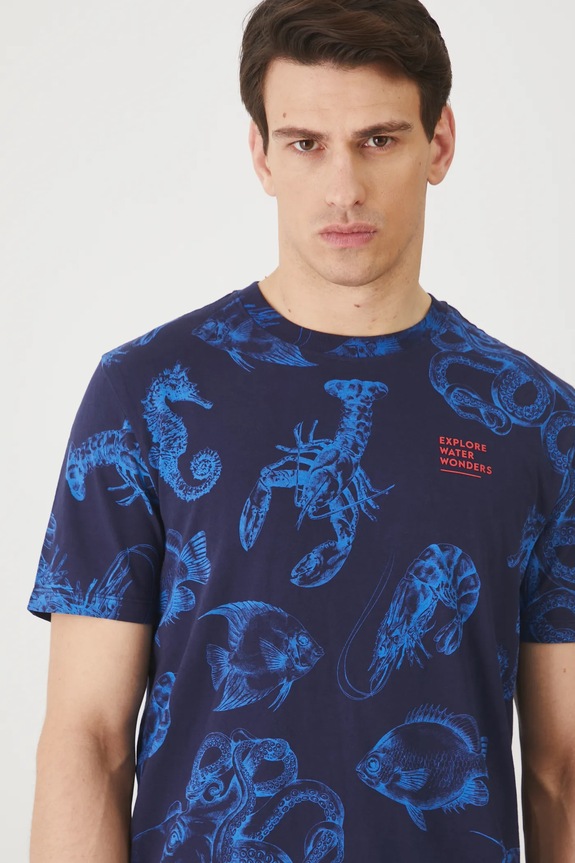 T-shirt bawełniany męski wzorzysty kolor granatowy granatowy RS25.TSM714