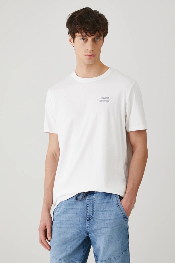 T-shirt bawełniany męski z nadrukiem kolor biały okrągły biały RS25-TSM715