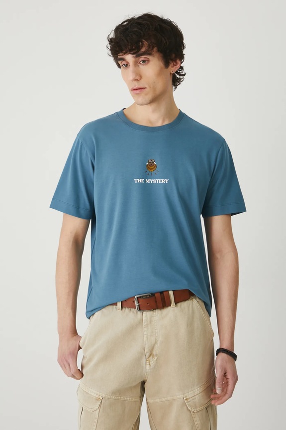 T-shirt bawełniany męski z elastanem z nadrukiem kolor turkusowy okrągły turkusowy RS25-TSM804
