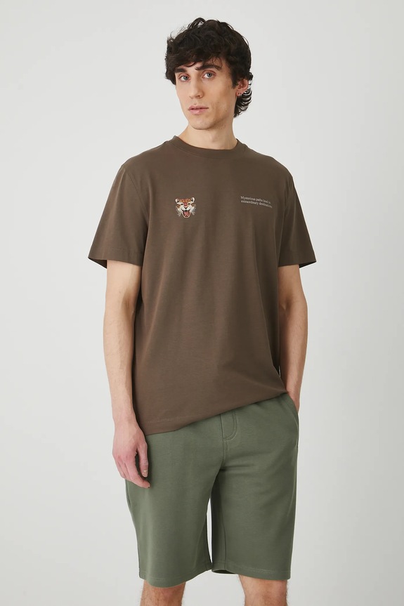 T-shirt bawełniany męski z elastanem z nadrukiem kolor brązowy okrągły brązowy RS25-TSM807