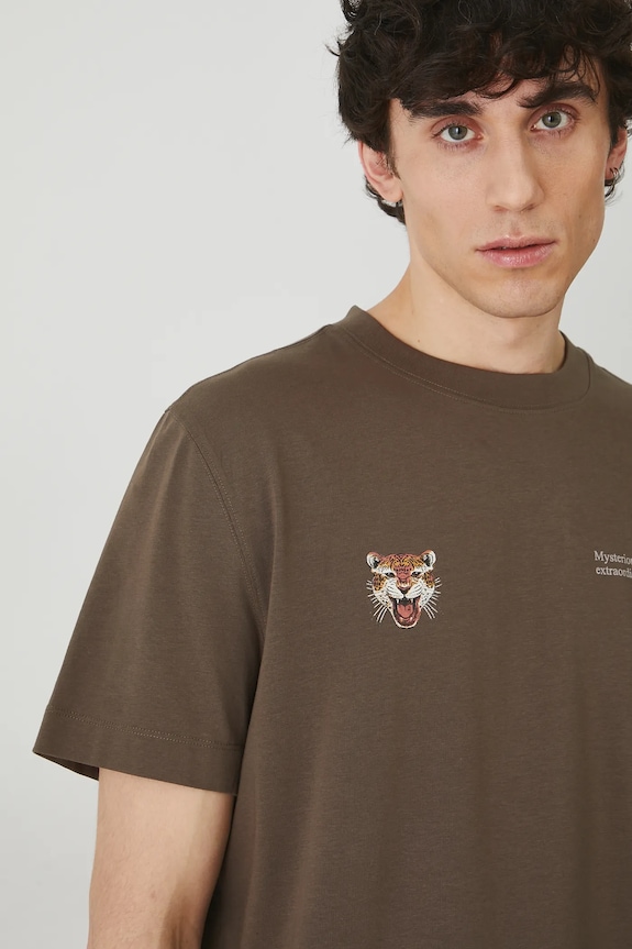 T-shirt bawełniany męski z elastanem z nadrukiem kolor brązowy brązowy RS25-TSM807