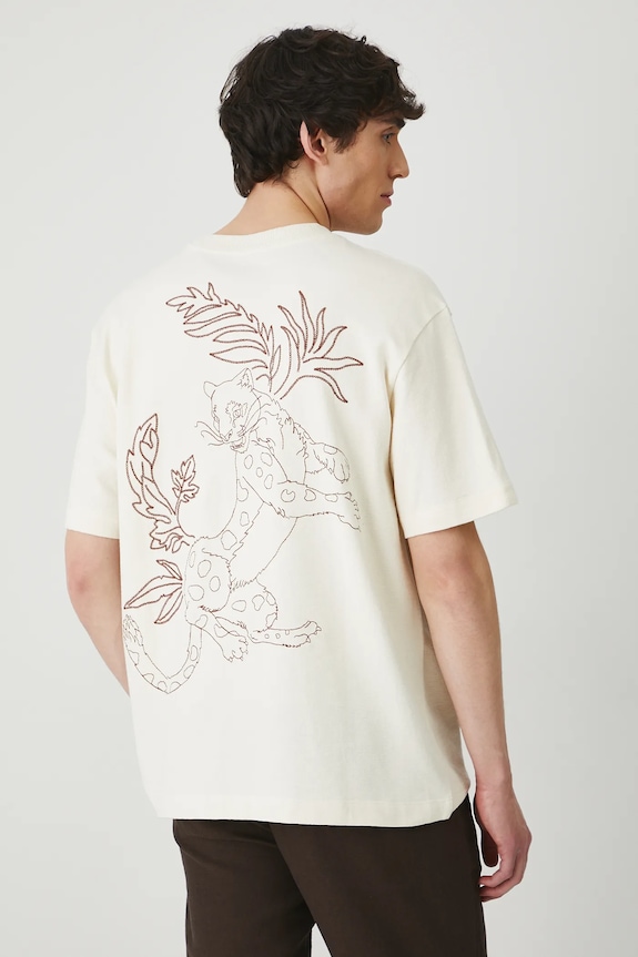 Odzież T-shirt bawełniany męski z ozdobnym haftem kolor beżowy RS25-TSM812 beżowy