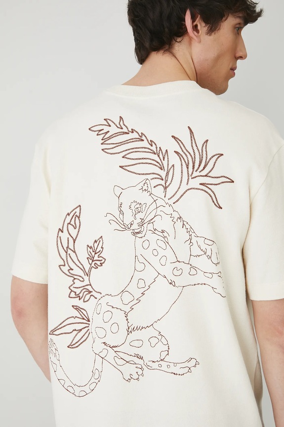 T-shirt bawełniany męski z ozdobnym haftem kolor beżowy RS25-TSM812 beżowy