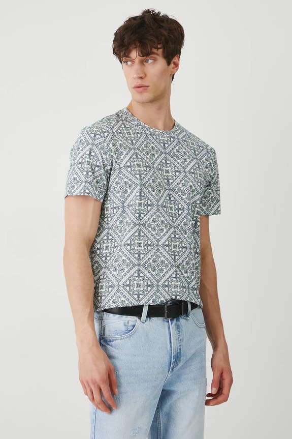 T-shirt bawełniany męski z elastanem wzorzysty kolor turkusowy wzorzyste turkusowy RS25-TSM902