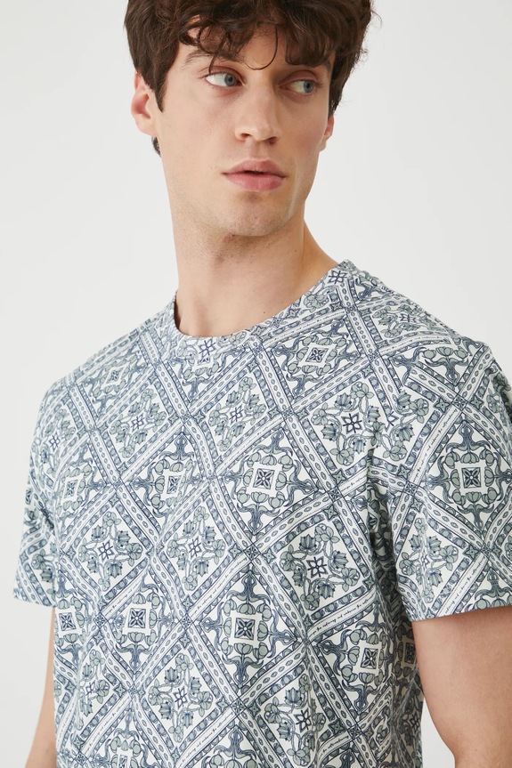 T-shirt bawełniany męski z elastanem wzorzysty kolor turkusowy turkusowy RS25-TSM902