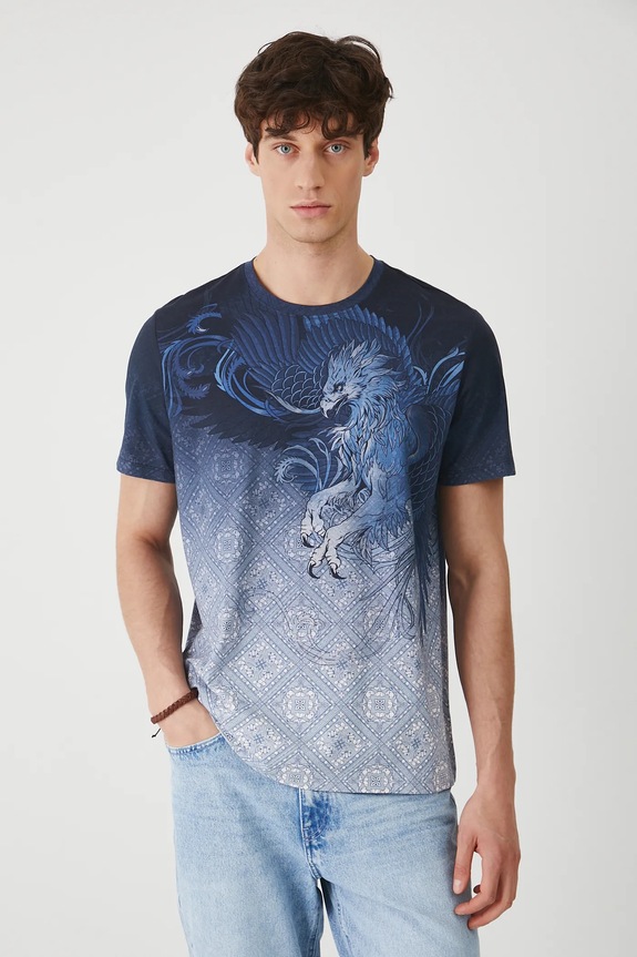 T-shirt bawełniany męski z elastanem wzorzysty kolor niebieski wzorzyste niebieski RS25-TSM910