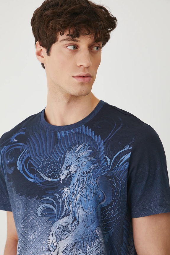 T-shirt bawełniany męski z elastanem wzorzysty kolor niebieski niebieski RS25-TSM910