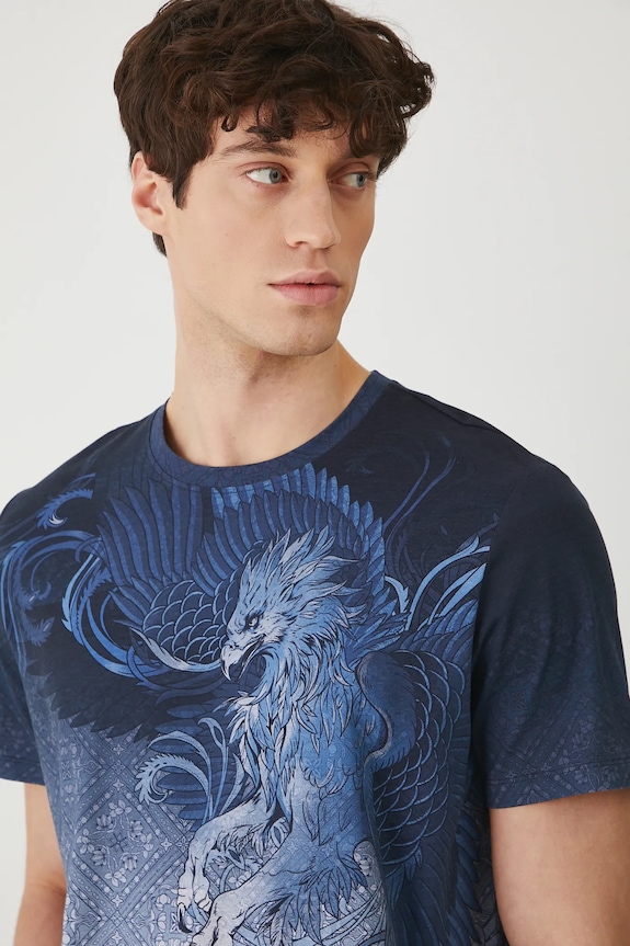 T-shirt bawełniany męski z elastanem wzorzysty kolor niebieski niebieski RS25-TSM910