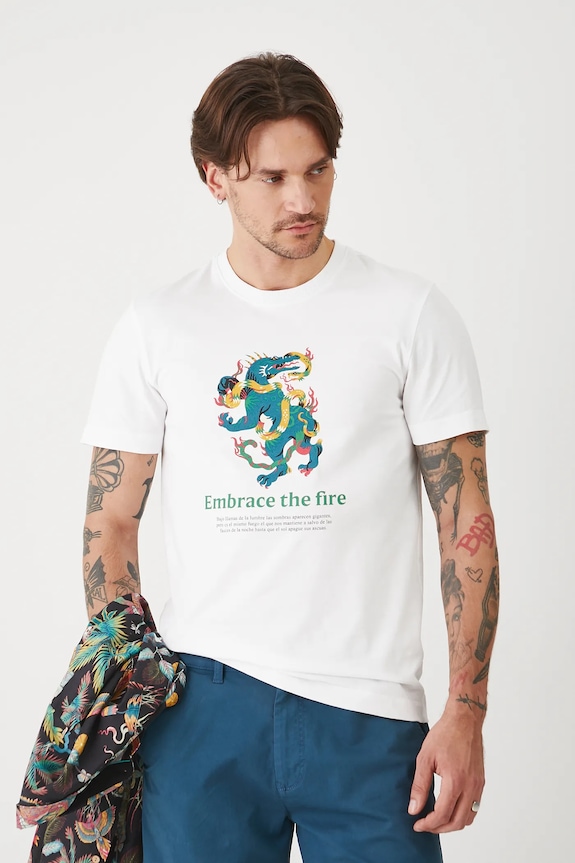 T-shirt bawełniany męski z elastanem z nadrukiem kolor biały okrągły biały RS25-TSMA16