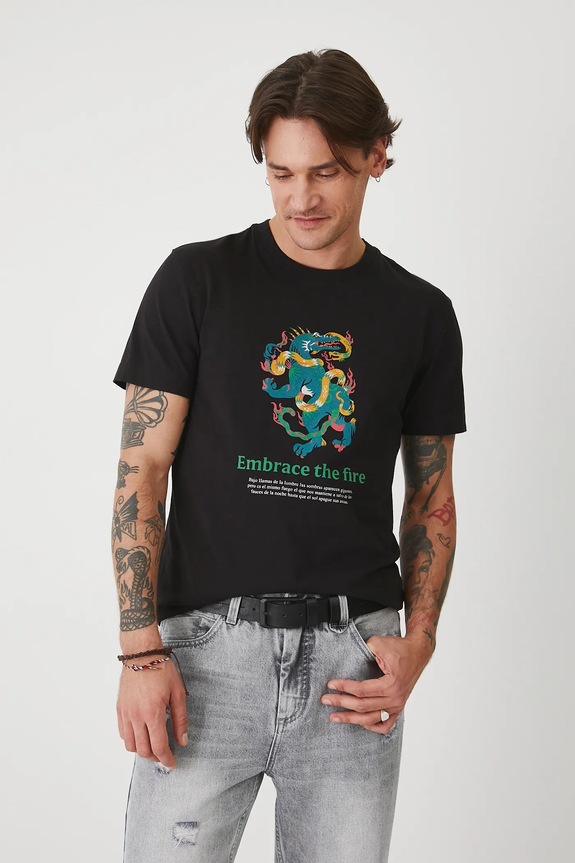 T-shirt bawełniany męski z elastanem z nadrukiem kolor czarny okrągły czarny RS25-TSMA16