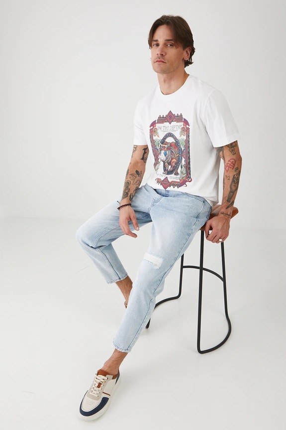 T-shirt bawełniany męski z nadrukiem kolor biały okrągły biały RS25-TSMA18