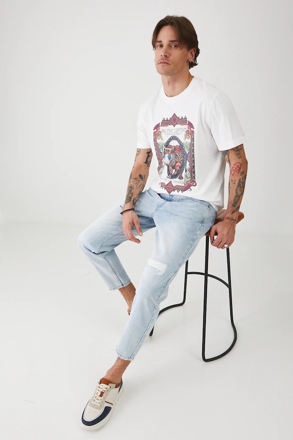 T-shirt bawełniany męski z nadrukiem kolor biały okrągły biały RS25-TSMA18