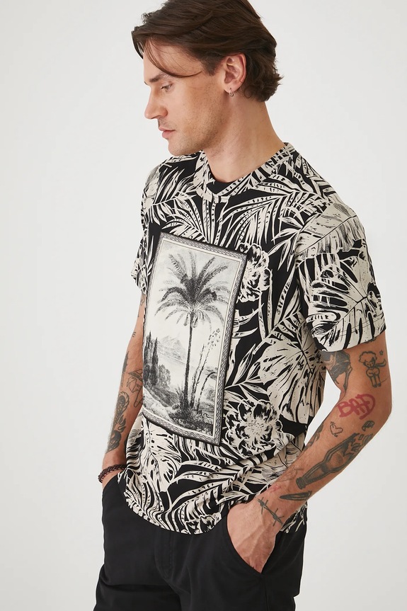 T-shirt bawełniany męski wzorzysty kolor czarny bawełna czarny RS25-TSMA27