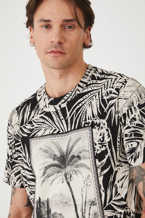 T-shirt bawełniany męski wzorzysty kolor czarny czarny RS25-TSMA27
