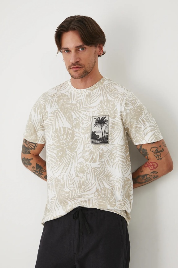 Bavlněné tričko pánské se vzorem béžová barva regular béžová RS25-TSMA28
