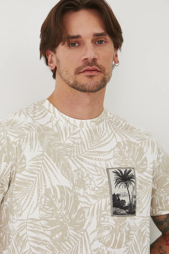 Bavlněné tričko pánské se vzorem béžová barva béžová RS25-TSMA28
