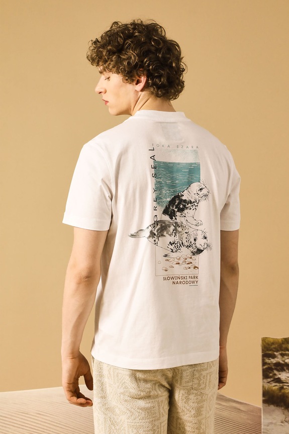 T-shirt bawełniany męski z kolekcji Medicine x Słowiński Park Narodowy kolor biały okrągły biały RS25-TSMA53