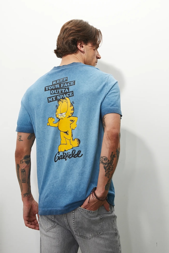 T-shirt bawełniany męski Garfield kolor niebieski okrągły niebieski RS25-TSMA86