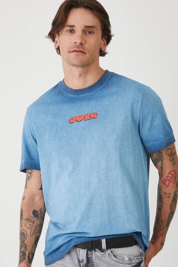 T-shirt bawełniany męski Garfield kolor niebieski RS25-TSMA86 niebieski