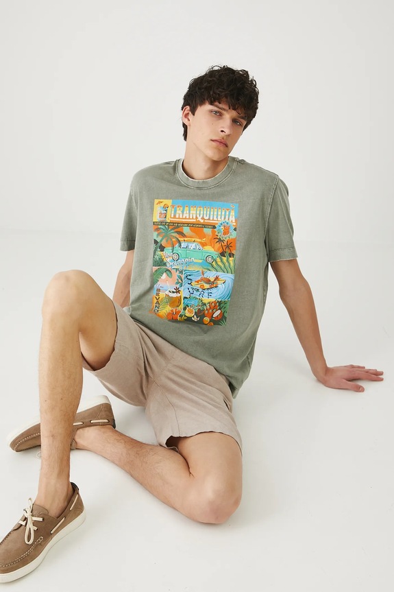 T-shirt bawełniany męski z efektem sprania kolor zielony okrągły zielony RS25-TSMB11
