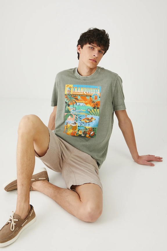 T-shirt bawełniany męski z efektem sprania kolor zielony okrągły zielony RS25-TSMB11