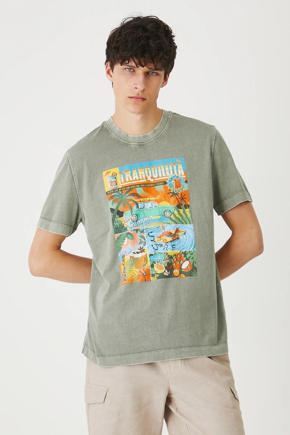 Odzież T-shirt bawełniany męski z efektem sprania kolor zielony RS25-TSMB11 zielony