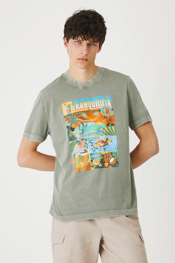 Odzież T-shirt bawełniany męski z efektem sprania kolor zielony RS25-TSMB11 zielony