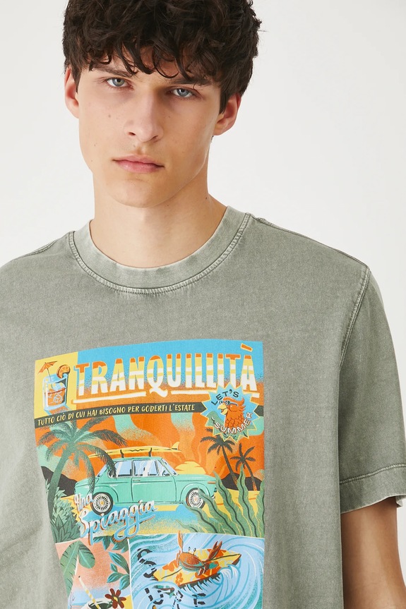 T-shirt bawełniany męski z efektem sprania kolor zielony zielony RS25-TSMB11