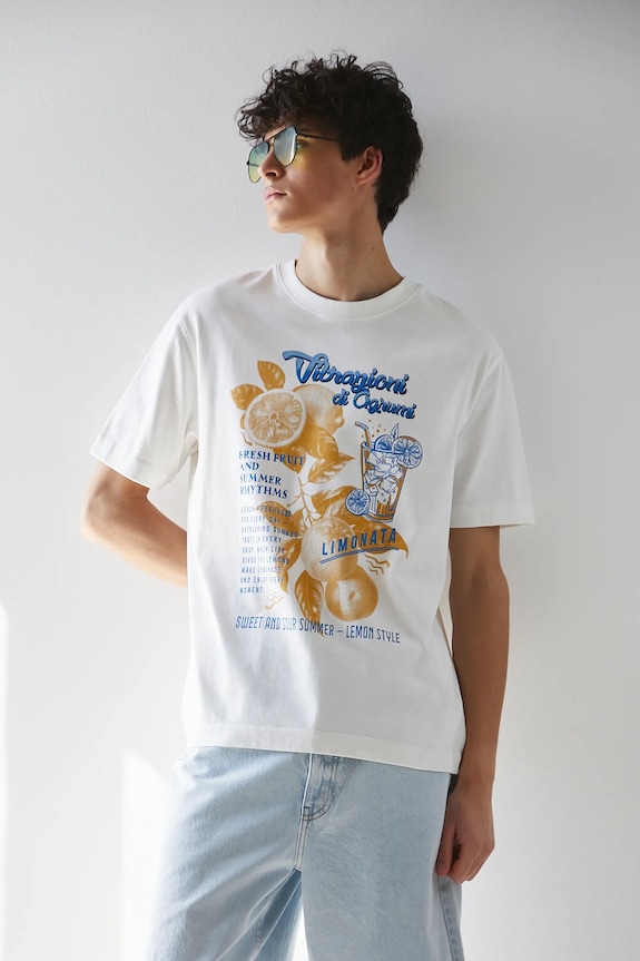 T-shirt bawełniany męski z nadrukiem kolor beżowy okrągły beżowy RS25-TSMB14