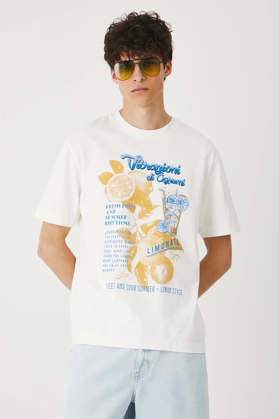 T-shirt bawełniany męski z nadrukiem kolor beżowy beżowy RS25-TSMB14