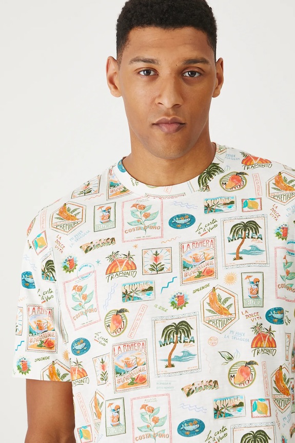 T-shirt bawełniany męski wzorzysty kolor beżowy beżowy RS25-TSMB17