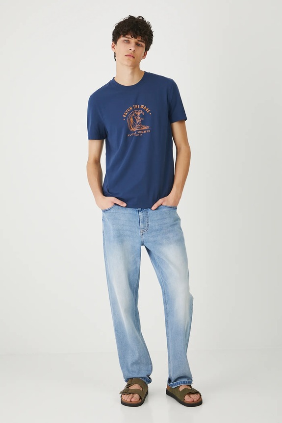 T-shirt bawełniany męski z elastanem z nadrukiem RS25-TSMB18 granatowy RS25