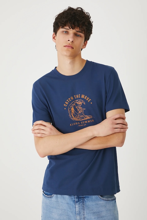 T-shirt bawełniany męski z elastanem z nadrukiem granatowy RS25-TSMB18