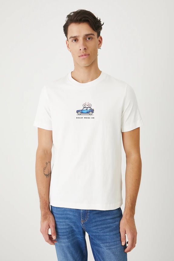 Bavlnené tričko pánske s elastanom a potlačou okrúhly biela RS25-TSMB22