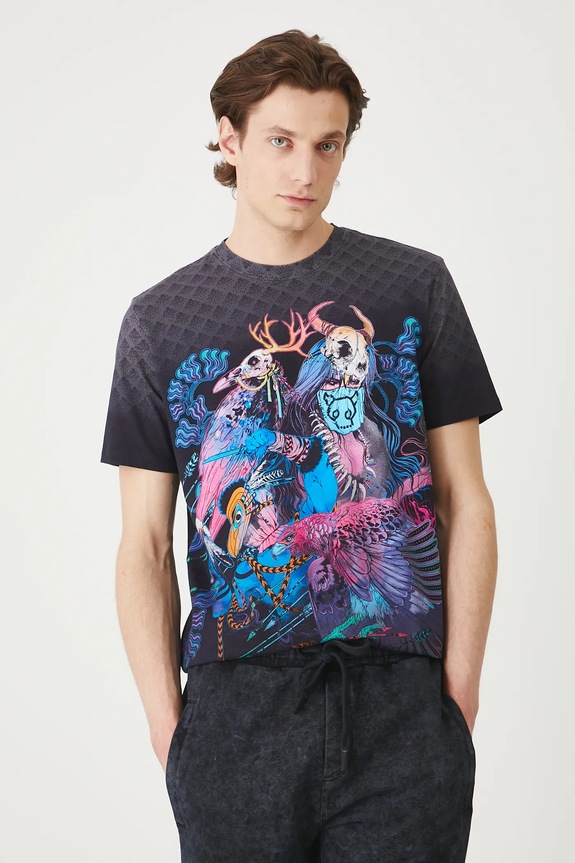 T-shirt bawełniany męski z elastanem wzorzysty kolor multicolor okrągły multicolor RS25-TSMC13