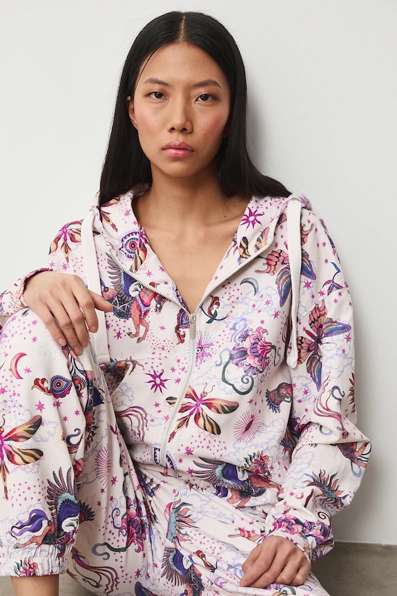 Bluza bawełniana damska z elastanem wzorzysta z elastanem beżowy RS26-BLD031