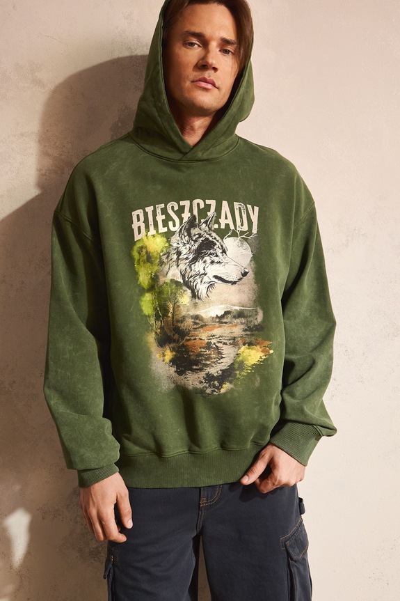 Bluza z kapturem męska bawełniana z kolekcji Bieszczadzki Park Narodowy x Medicine zielony RS26-BLM854