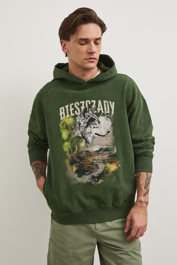 Odzież Bluza z kapturem męska bawełniana z kolekcji Bieszczadzki Park Narodowy x Medicine RS26-BLM854 zielony