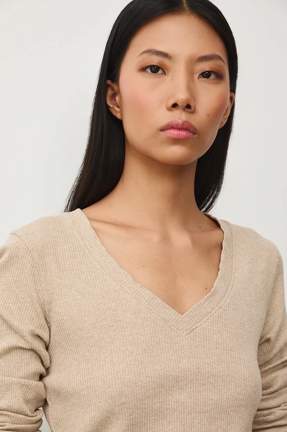 Bavlnené tričko s dlhým rukávom s elastanom vrúbkovaný béžová RS26-BUD030