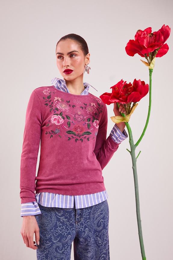 Longsleeve bawełniany damski z elastanem prążkowany okrągły różowy RS26-BUD420
