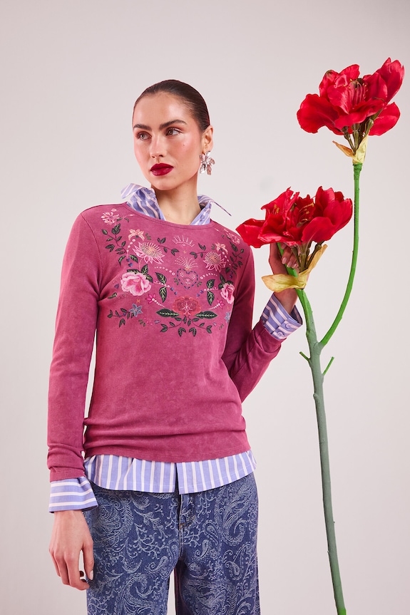 Longsleeve bawełniany damski z elastanem prążkowany okrągły różowy RS26-BUD420