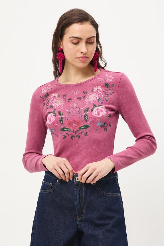Longsleeve bawełniany damski z elastanem prążkowany RS26-BUD420 różowy RS26