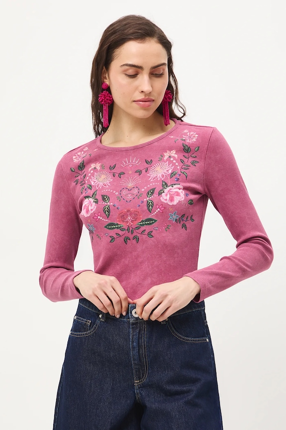 Longsleeve bawełniany damski z elastanem prążkowany RS26-BUD420 różowy RS26